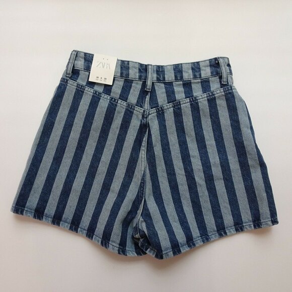 Zara Women's Striped Denim Jean Shorts High Rise Hi-Waist Blue Modern Chic NWT 6 - Picture 6 of 14
